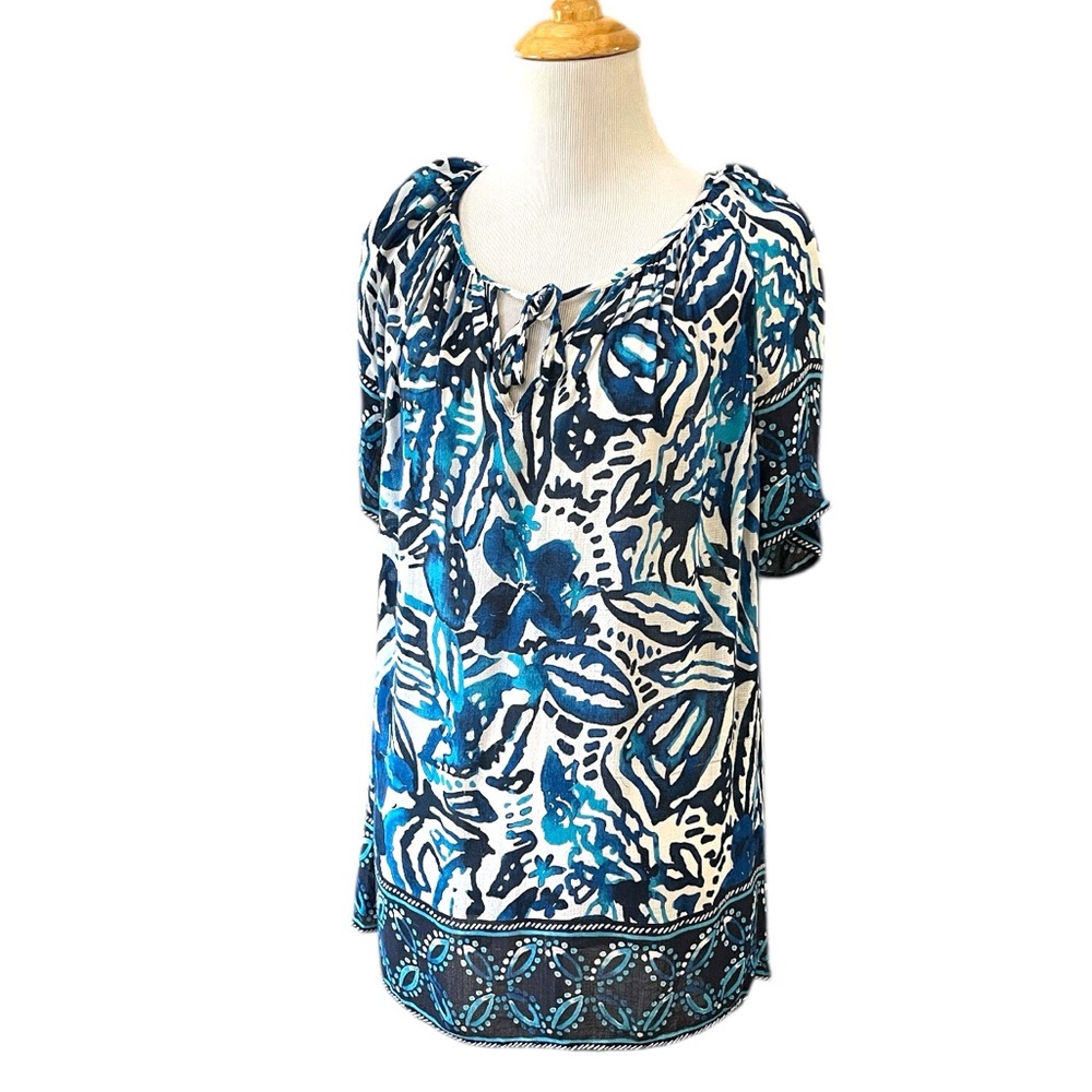 LUCKY BRAND BOHO SHORT SLEEVE FLORAL BLOUSE BLUE WHITE SIZE LARGE
